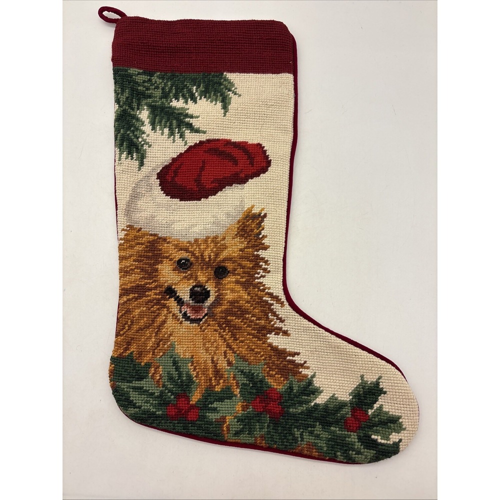 Christmas Stocking Pomeranian Dog Needlepoint Wool EUC